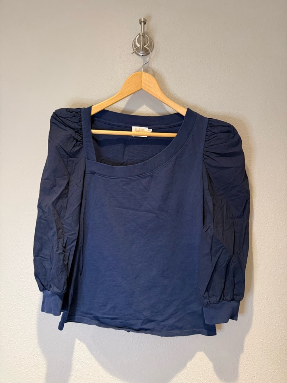Nation LTD Navy Blue Asymmetrical Puff Sleeve Top Size Small